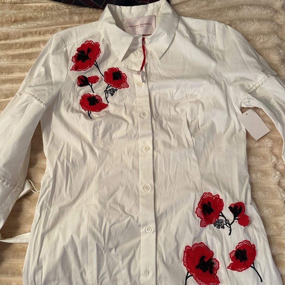 New Carolina Herrera Embroidered Midi Shirt Dress Size 8 - Picture 10 of 13